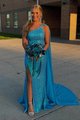 Dreamyannie Blue Prom Dress Sequined Mermaid One Shoulder Long Formal Dress With Slit