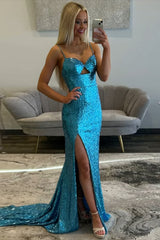 Dreamyannie Blue Prom Dress Spaghetti Straps Mermaid Formal Dress With Slit
