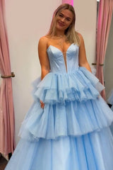 Dreamyannie Blue Prom Dress Tiered A-Line Sweetheart Long Formal Dress