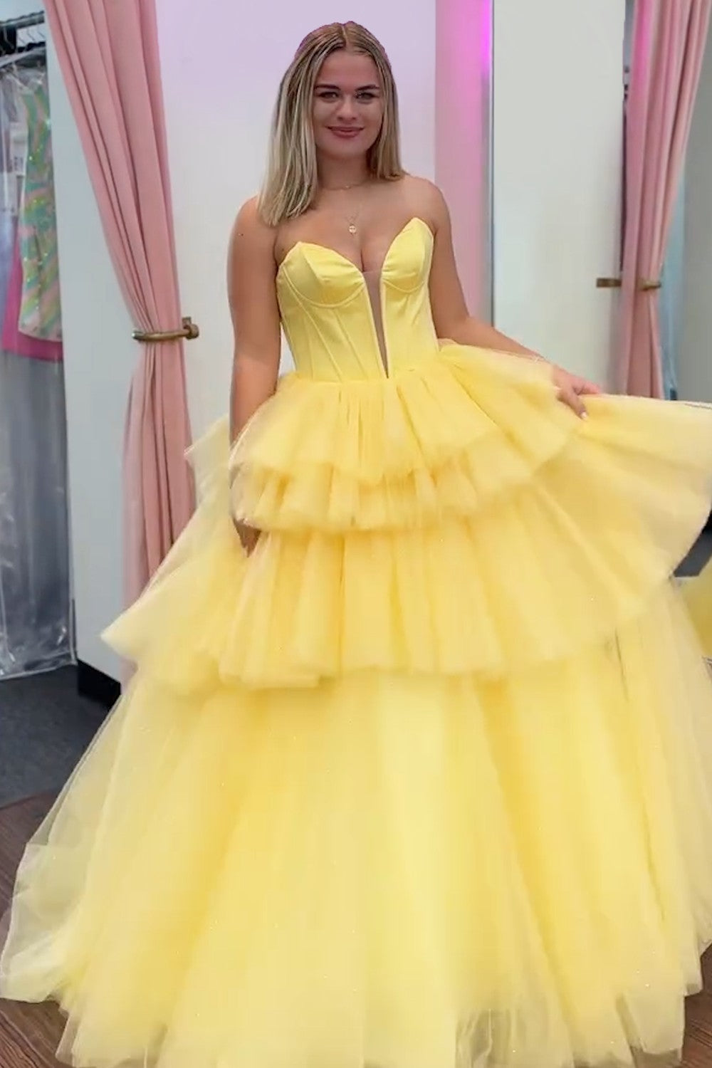 Dreamyannie Blue Prom Dress Tiered A-Line Sweetheart Long Formal Dress