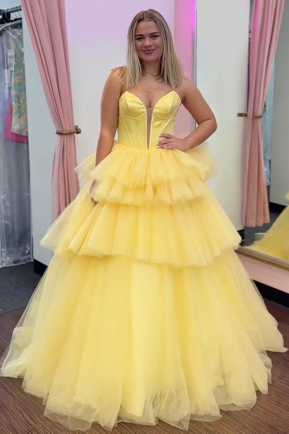 Dreamyannie Blue Prom Dress Tiered A-Line Sweetheart Long Formal Dress