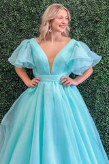 Dreamyannie Blue Prom Dress V-Neck A Line Ruched Formal Dress With Puff Sleeves