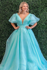 Dreamyannie Blue Prom Dress V-Neck A Line Ruched Formal Dress With Puff Sleeves