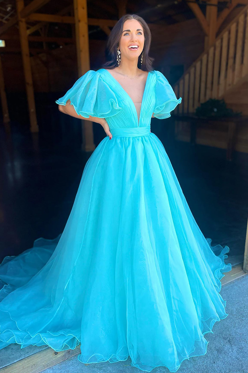 Dreamyannie Blue Prom Dress V-Neck A Line Ruched Formal Dress With Puff Sleeves