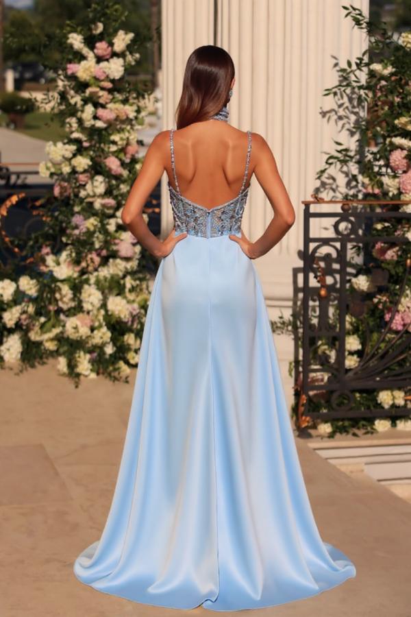 Dreamyannie Blue Prom Dress V Neck Lace Beading Mermaid Formal Dress With Sleeves