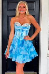 Dreamyannie Blue Tiered Homecoming Dresses Corset Short Cocktail Dresses With Beading
