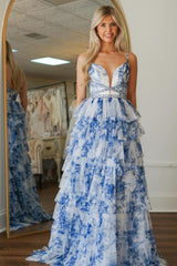 Dreamyannie Blue White Prom Dress A Line Ruffled Floral Long Formal Dress