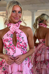 Dreamyannie Blush Prom Dress Floral Ruffled Halter Formal Dress With Slit
