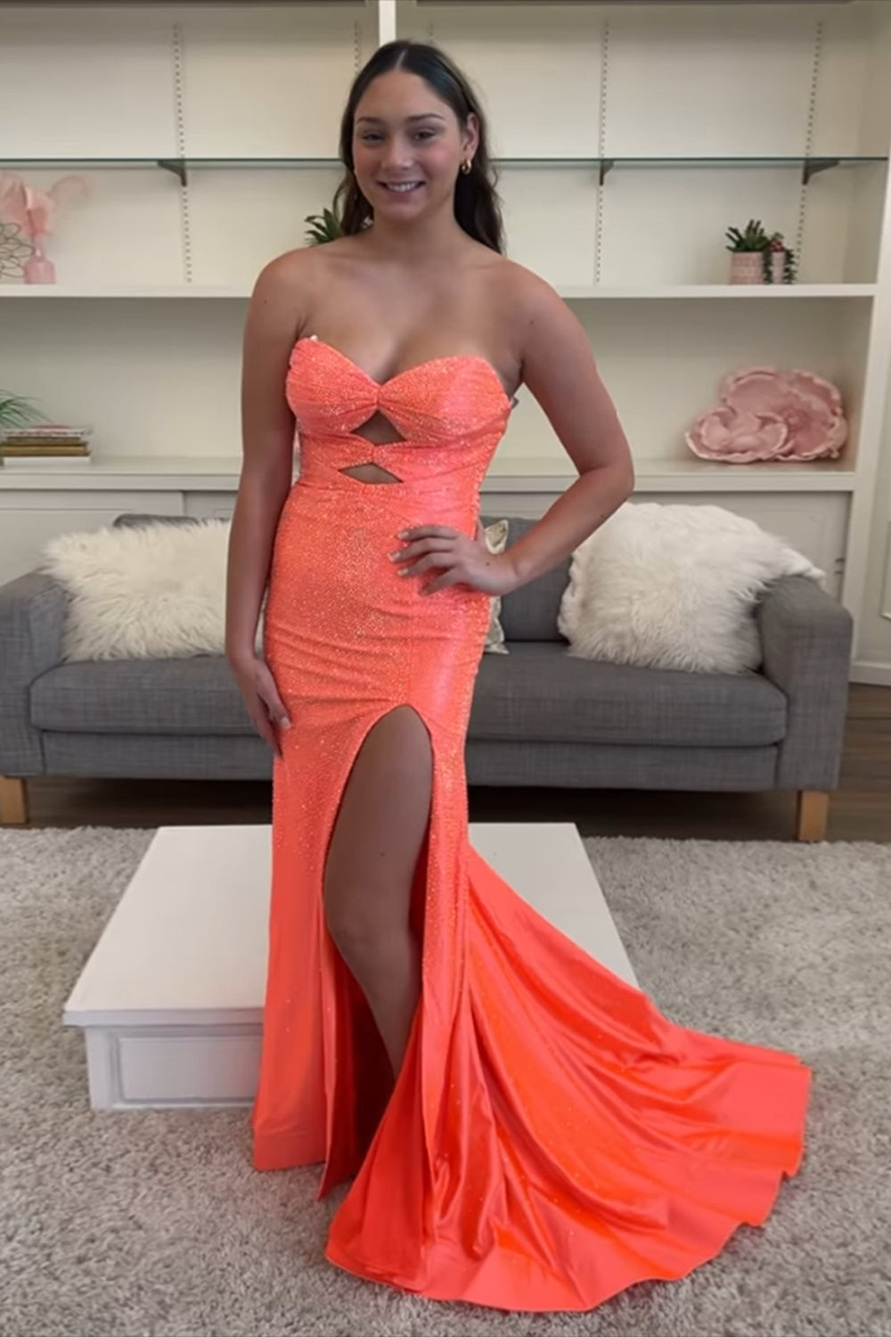 Dreamyannie Blush Prom Dress Mermaid Hollow Out Sweetheart Formal Dress With Slit