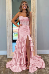 Dreamyannie Blush Prom Dress Ruffled Mermaid Long Satin Formal Dress With Slit