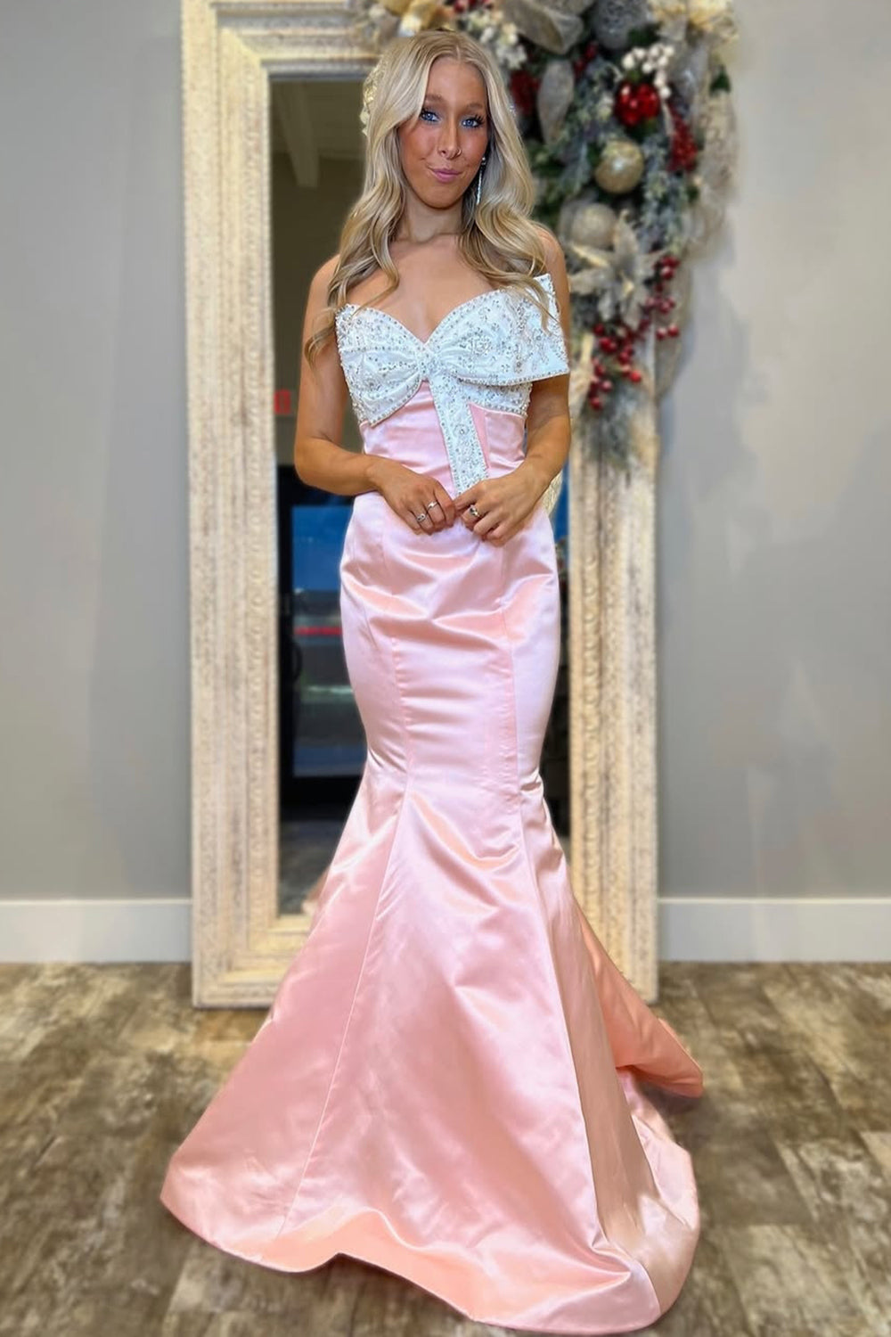 Dreamyannie Blush Prom Dress Satin Mermaid Long Formal Dress With Bow
