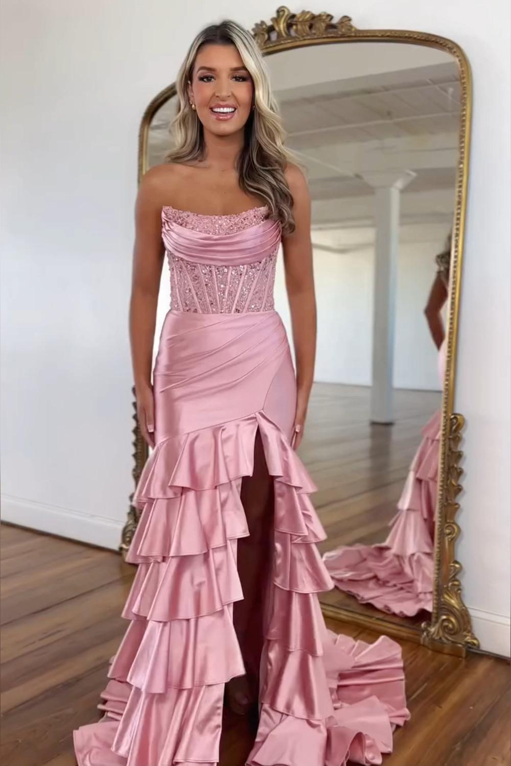 Dreamyannie Blush Prom Dress Tiered Mermaid Long Formal Dress With Slit