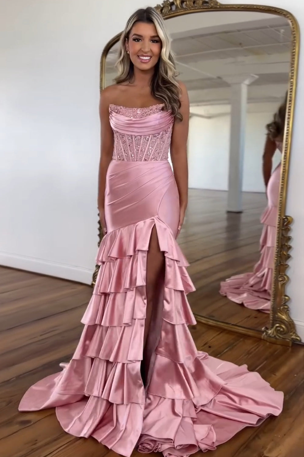 Dreamyannie Blush Prom Dress Tiered Mermaid Long Formal Dress With Slit