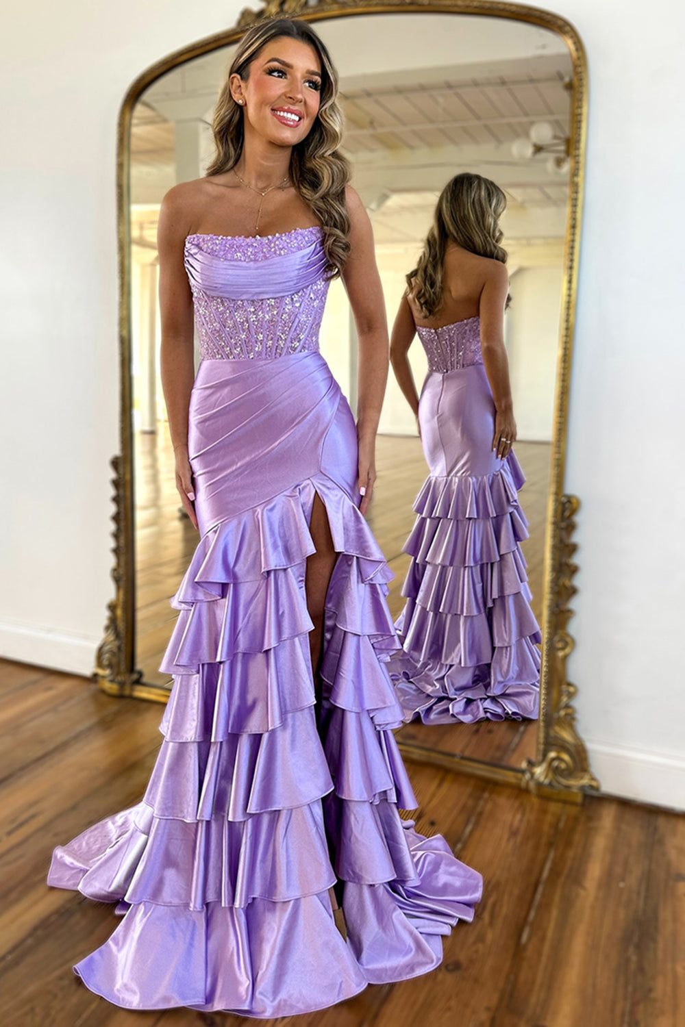 Dreamyannie Blush Prom Dress Tiered Mermaid Long Formal Dress With Slit