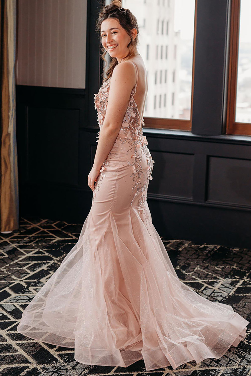 Dreamyannie Blush Prom Dress V-Neck Mermaid Tulle Formal Dress