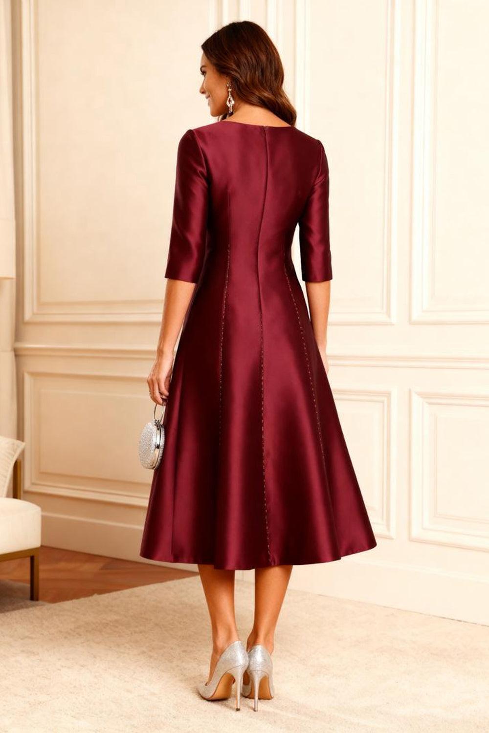 Dreamyannie Burgundy A Line Satin Tea Length Mother Of The Bride Dress