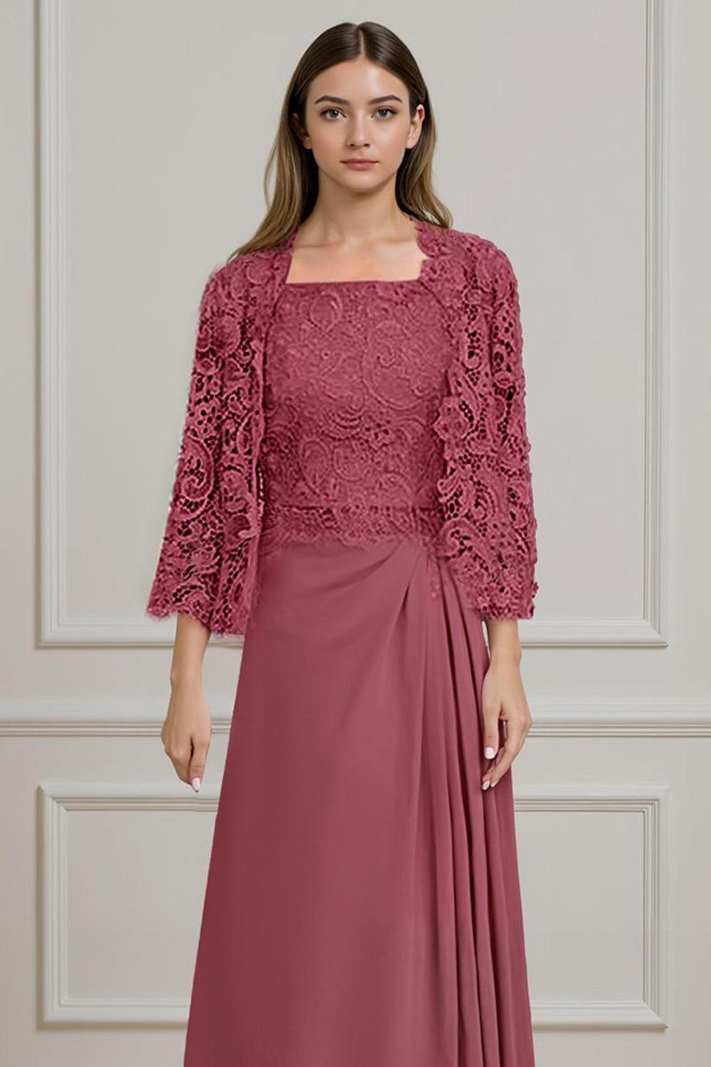 Dreamyannie Burgundy Satin Square Neck Floor Length 2 Piece Mother Of The Bride Dress With Jacket