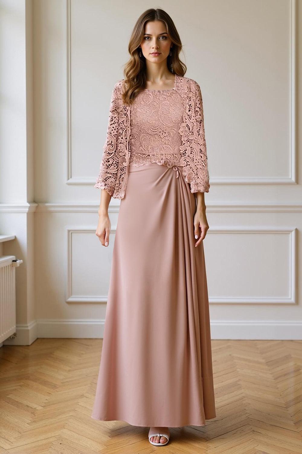 Dreamyannie Burgundy Satin Square Neck Floor Length 2 Piece Mother Of The Bride Dress With Jacket