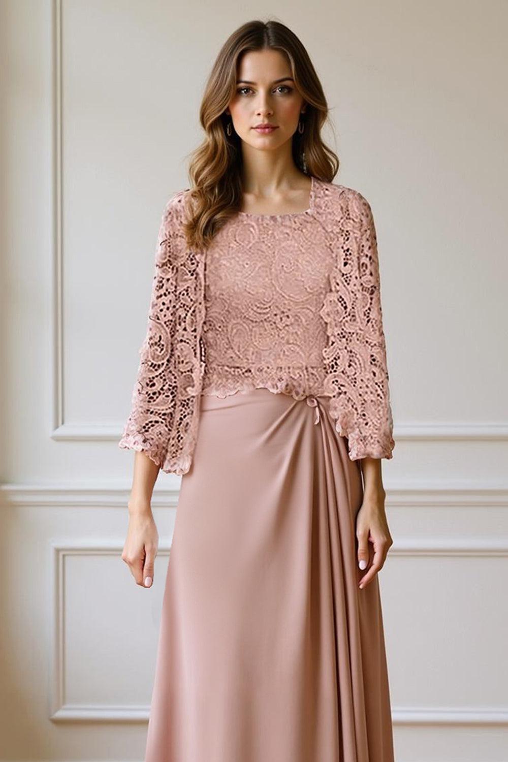 Dreamyannie Burgundy Satin Square Neck Floor Length 2 Piece Mother Of The Bride Dress With Jacket