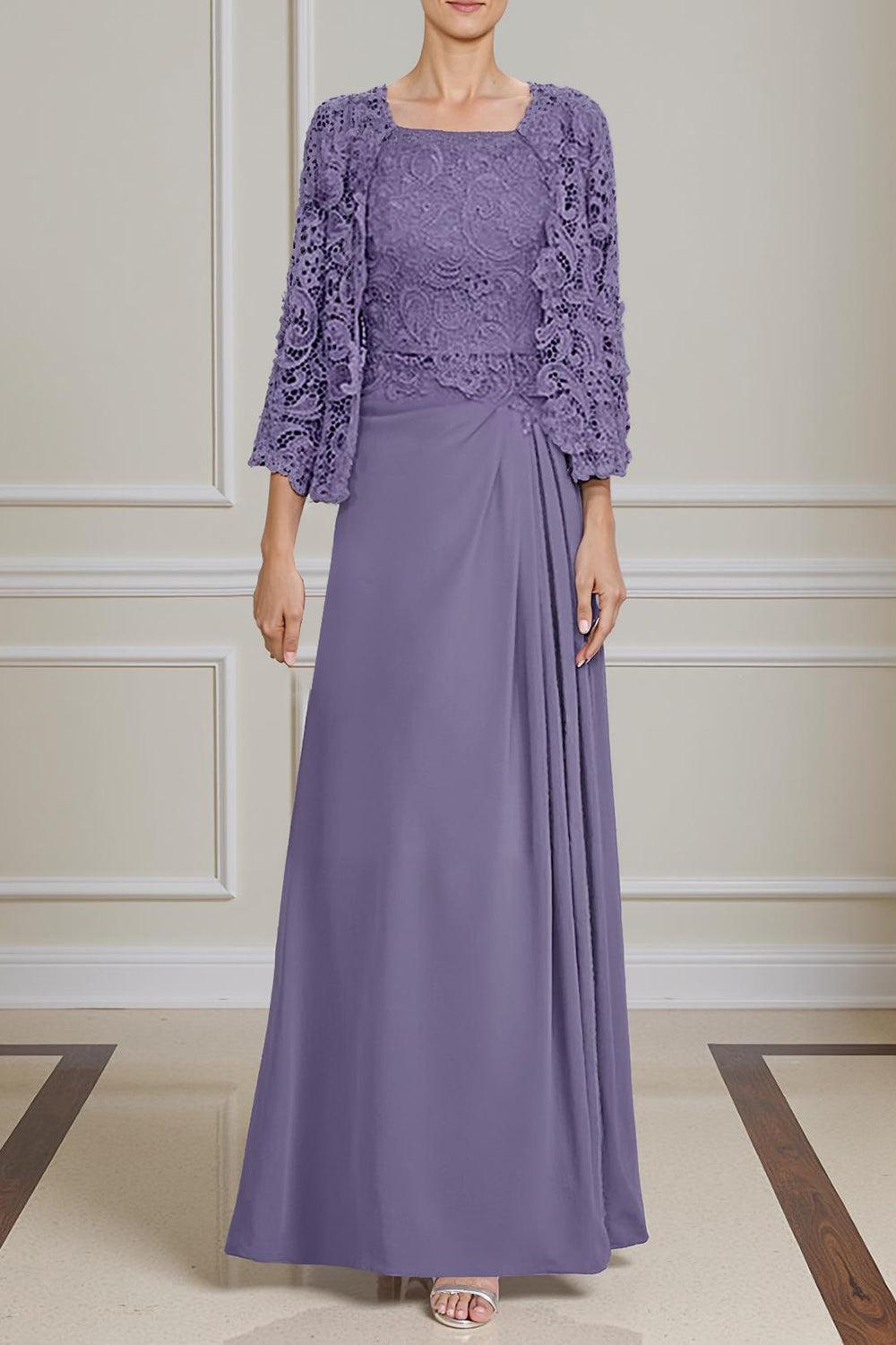 Dreamyannie Burgundy Satin Square Neck Floor Length 2 Piece Mother Of The Bride Dress With Jacket