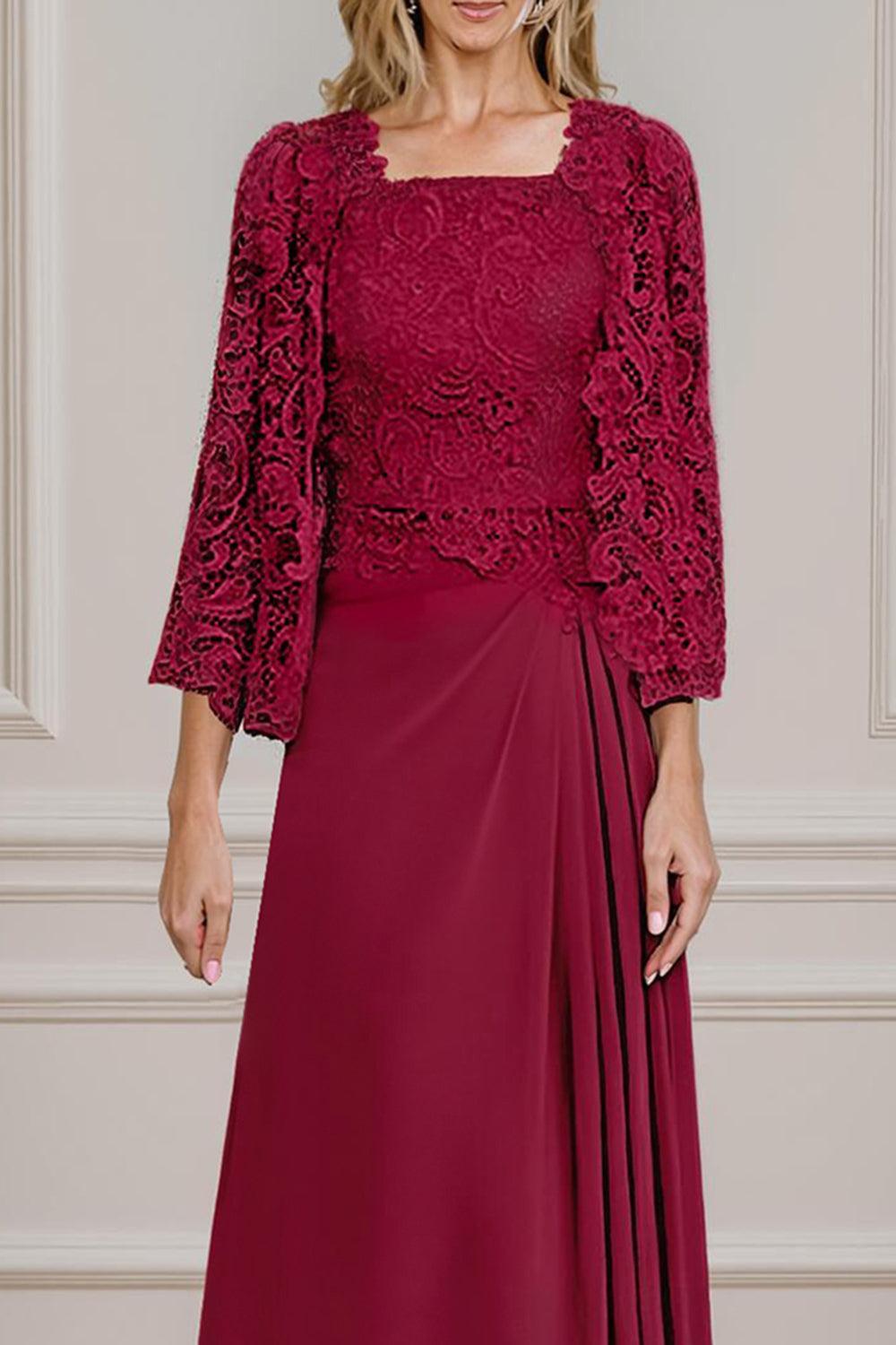 Dreamyannie Burgundy Satin Square Neck Floor Length 2 Piece Mother Of The Bride Dress With Jacket