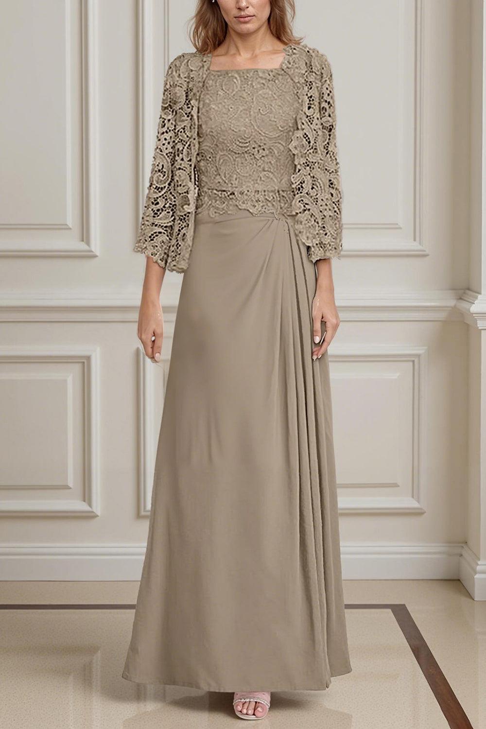 Dreamyannie Burgundy Satin Square Neck Floor Length 2 Piece Mother Of The Bride Dress With Jacket