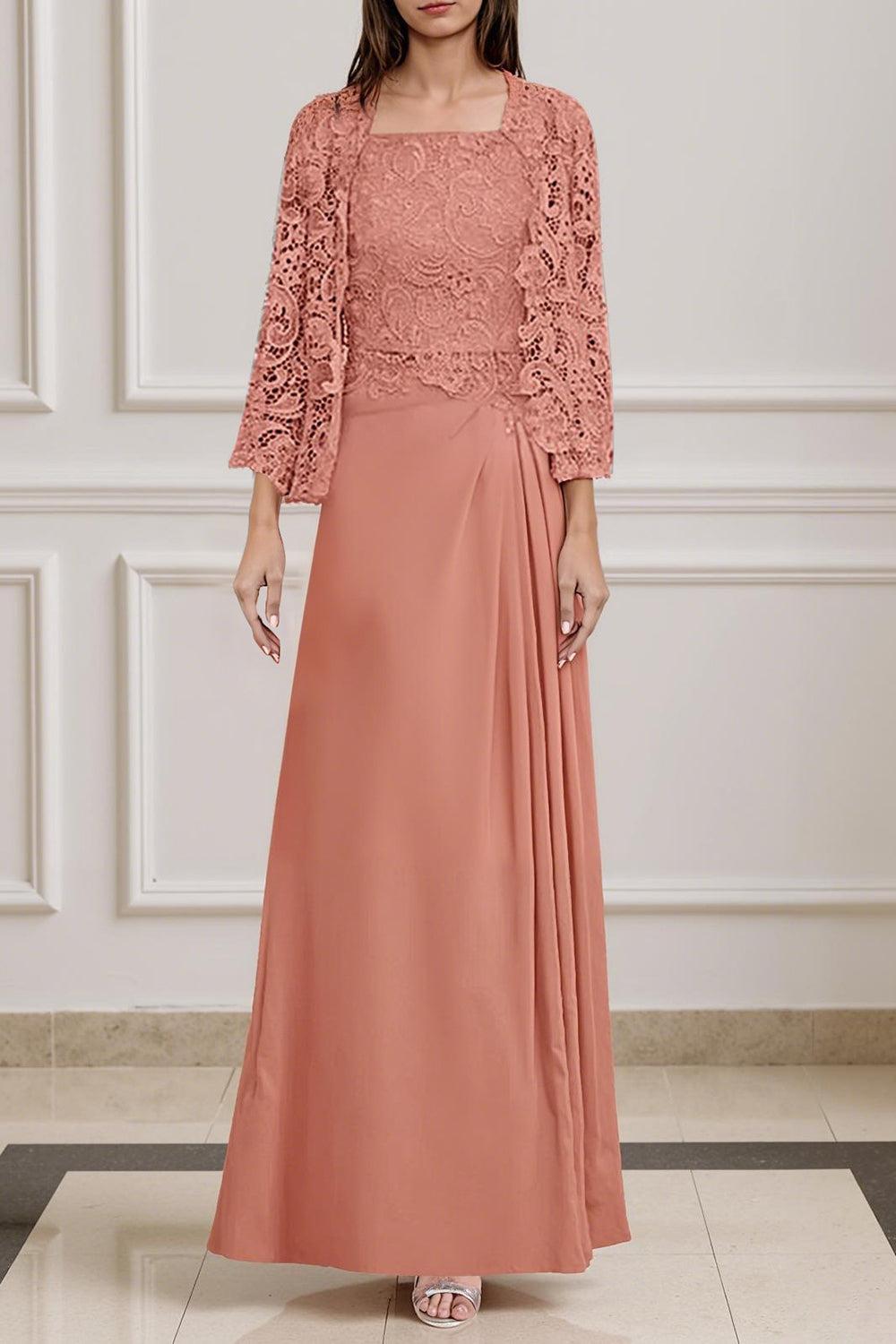 Dreamyannie Burgundy Satin Square Neck Floor Length 2 Piece Mother Of The Bride Dress With Jacket