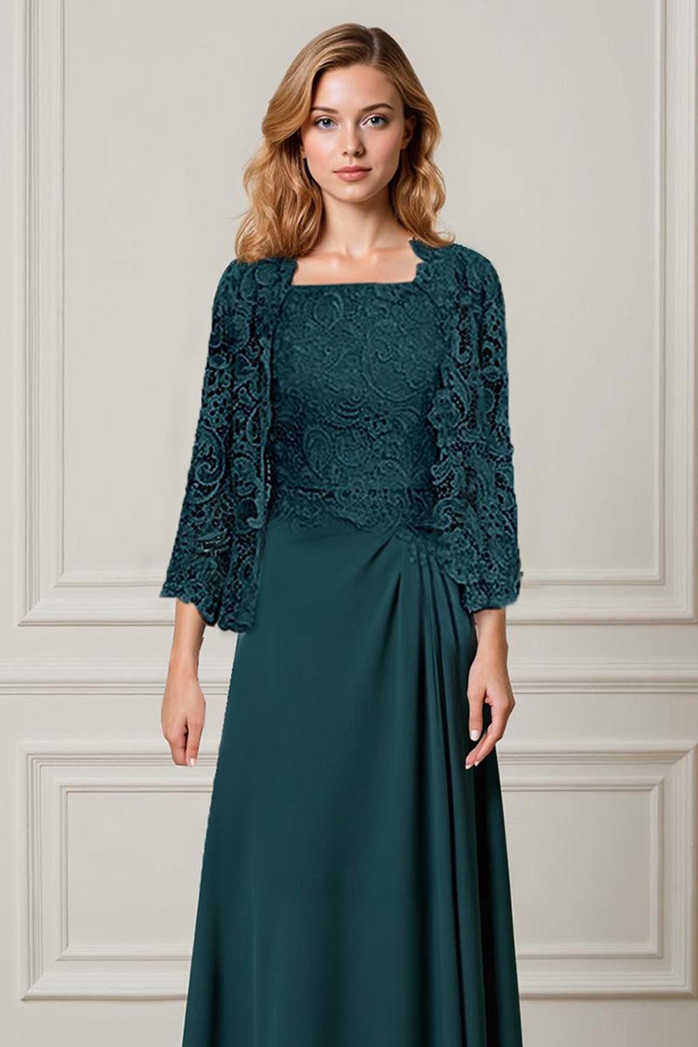 Dreamyannie Burgundy Satin Square Neck Floor Length 2 Piece Mother Of The Bride Dress With Jacket