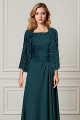 Dreamyannie Burgundy Satin Square Neck Floor Length 2 Piece Mother Of The Bride Dress With Jacket