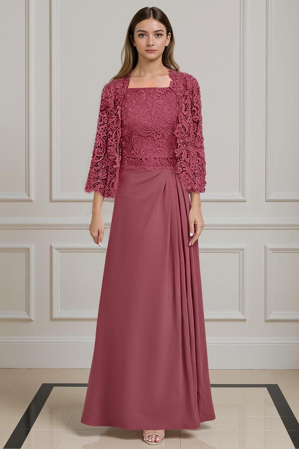 Dreamyannie Burgundy Satin Square Neck Floor Length 2 Piece Mother Of The Bride Dress With Jacket