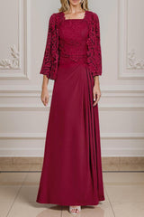 Dreamyannie Burgundy Satin Square Neck Floor Length 2 Piece Mother Of The Bride Dress With Jacket