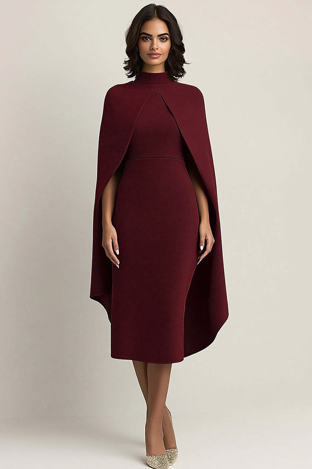 Dreamyannie Burgundy Wedding Guest Dress High Neck Sheath Formal Dress With Shawl