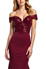 Dreamyannie Burgundy Wedding Guest Dress Mermaid Off The Shoulder Long Formal Dress With Sequins