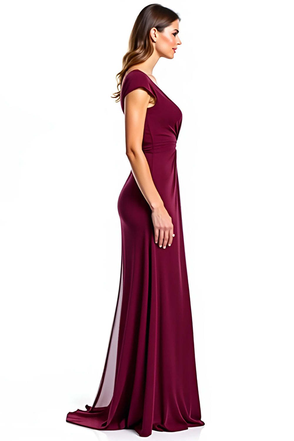 Dreamyannie Burgundy Wedding Guest Dress V-Neck Ruched Long Formal Dress With Slit
