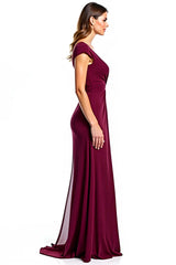 Dreamyannie Burgundy Wedding Guest Dress V-Neck Ruched Long Formal Dress With Slit
