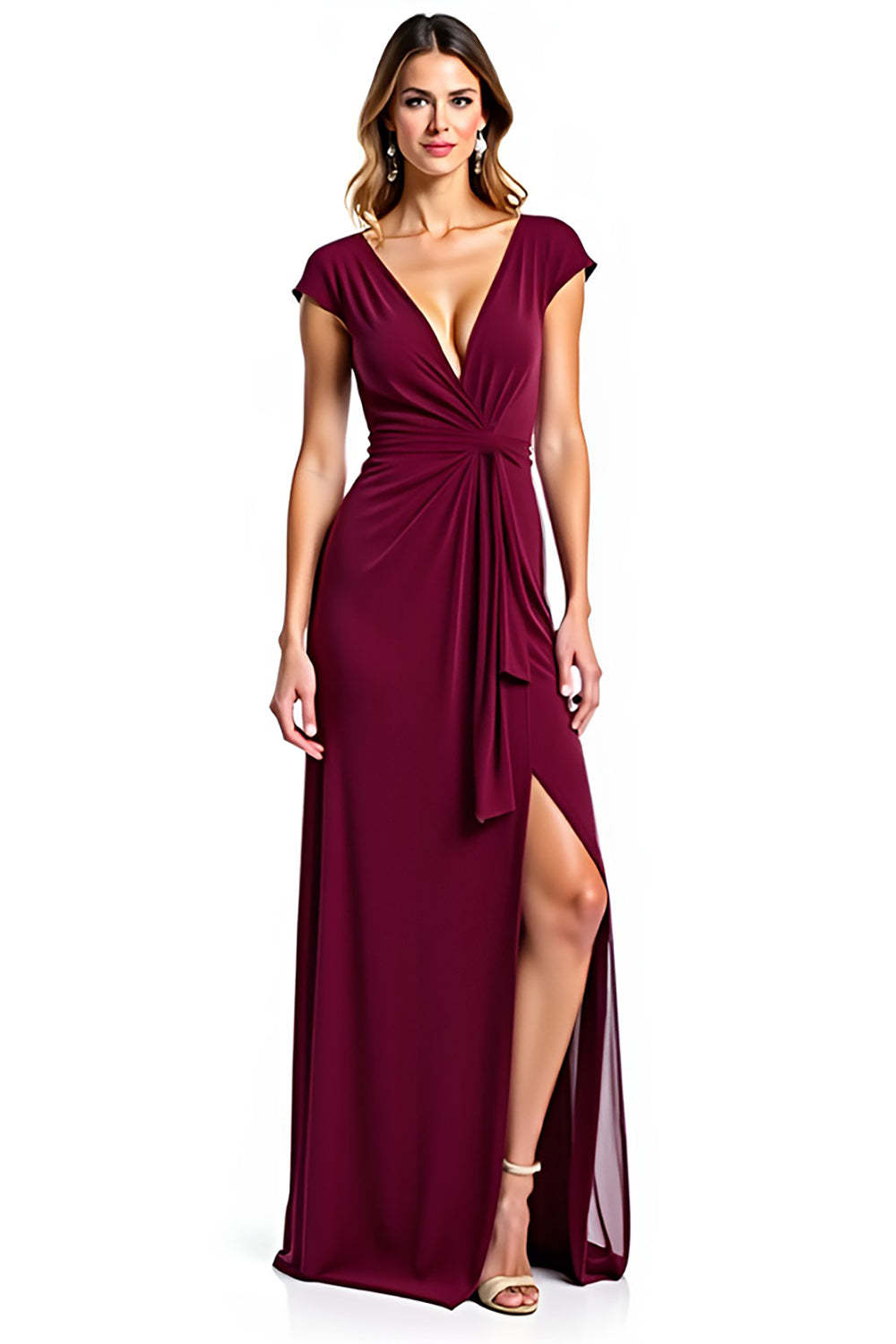 Dreamyannie Burgundy Wedding Guest Dress V-Neck Ruched Long Formal Dress With Slit