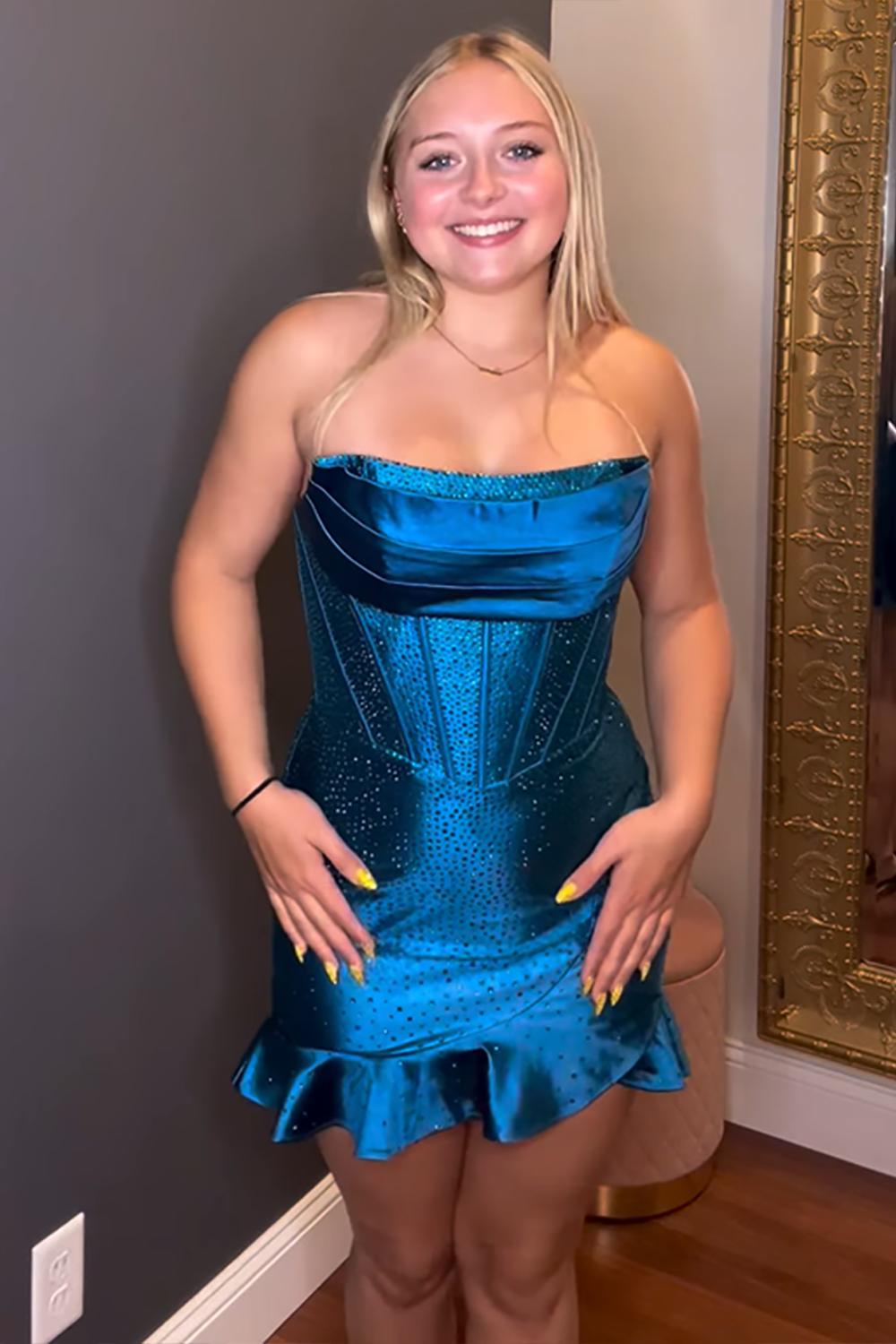 Dreamyannie Champagne Beaded Homecoming Dresses Corset Ruffled Short Tight Cocktail Dresses