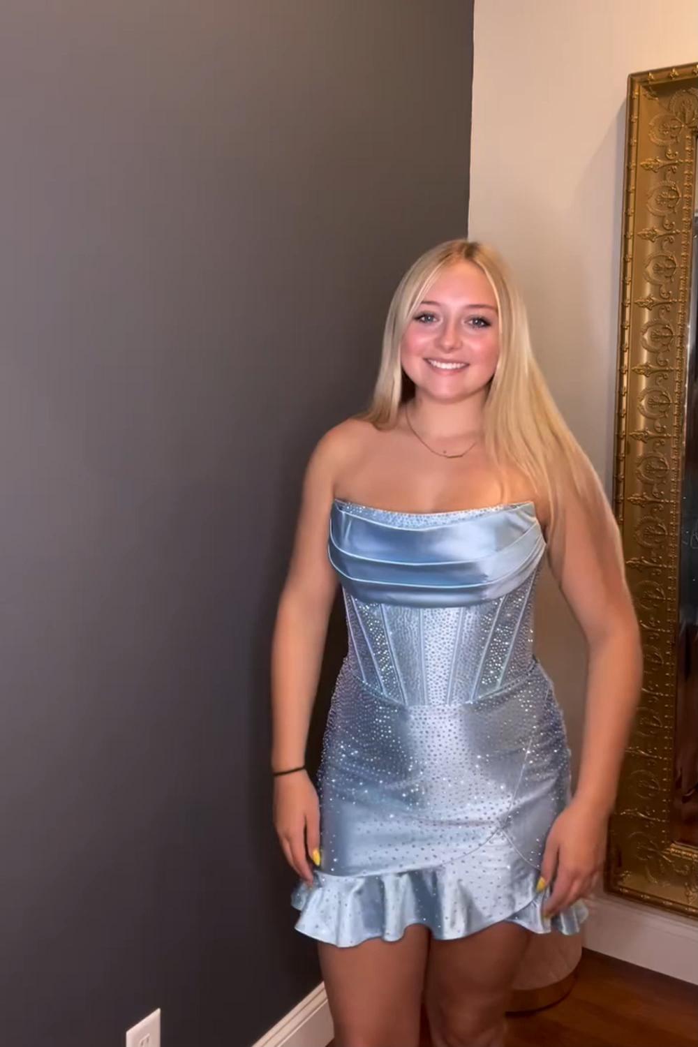 Dreamyannie Champagne Beaded Homecoming Dresses Corset Ruffled Short Tight Cocktail Dresses