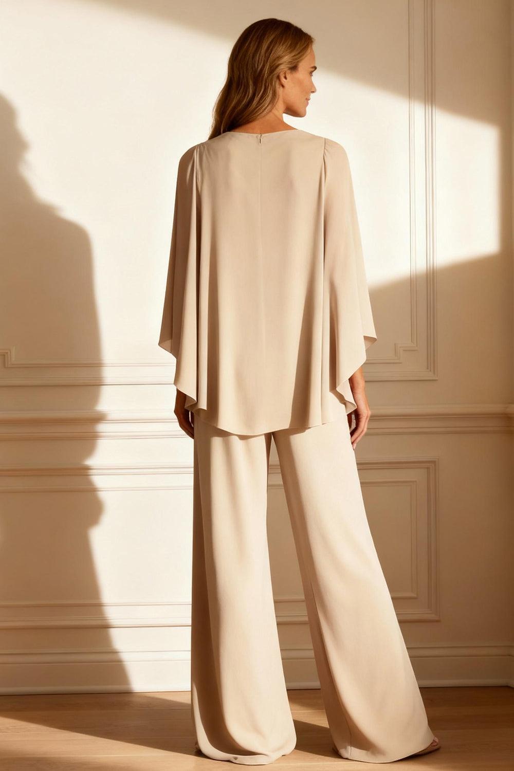 Dreamyannie Champagne Chiffon Boat Neck 2 Piece Mother Of The Bride Pant Suits