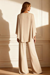 Dreamyannie Champagne Chiffon Boat Neck 2 Piece Mother Of The Bride Pant Suits