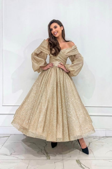 Dreamyannie Champagne Prom Dress A Line Off The Shoulder Sleeves Formal Dress With Glitter