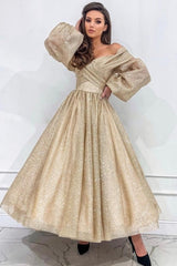 Dreamyannie Champagne Prom Dress A Line Off The Shoulder Sleeves Formal Dress With Glitter