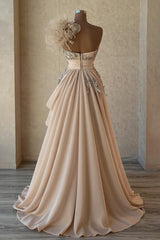 Dreamyannie Champagne Prom Dress A Line One Shoulder Beaded Sleeveless Formal Dress