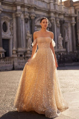 Dreamyannie Champagne Prom Dress A Line Strapless Off The Shoulder Sleeveless Sequined Tulle Formal Dress