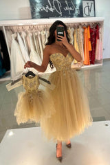 Dreamyannie Champagne Prom Dress A Line Sweetheart Sleeveless Tea Length Tulle Formal Dress With Beadings