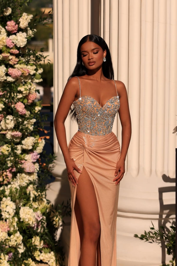 Dreamyannie Champagne Prom Dress Column Spaghetti Straps Lace Rhinestones Formal Dress With Slit