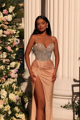 Dreamyannie Champagne Prom Dress Column Spaghetti Straps Lace Rhinestones Formal Dress With Slit