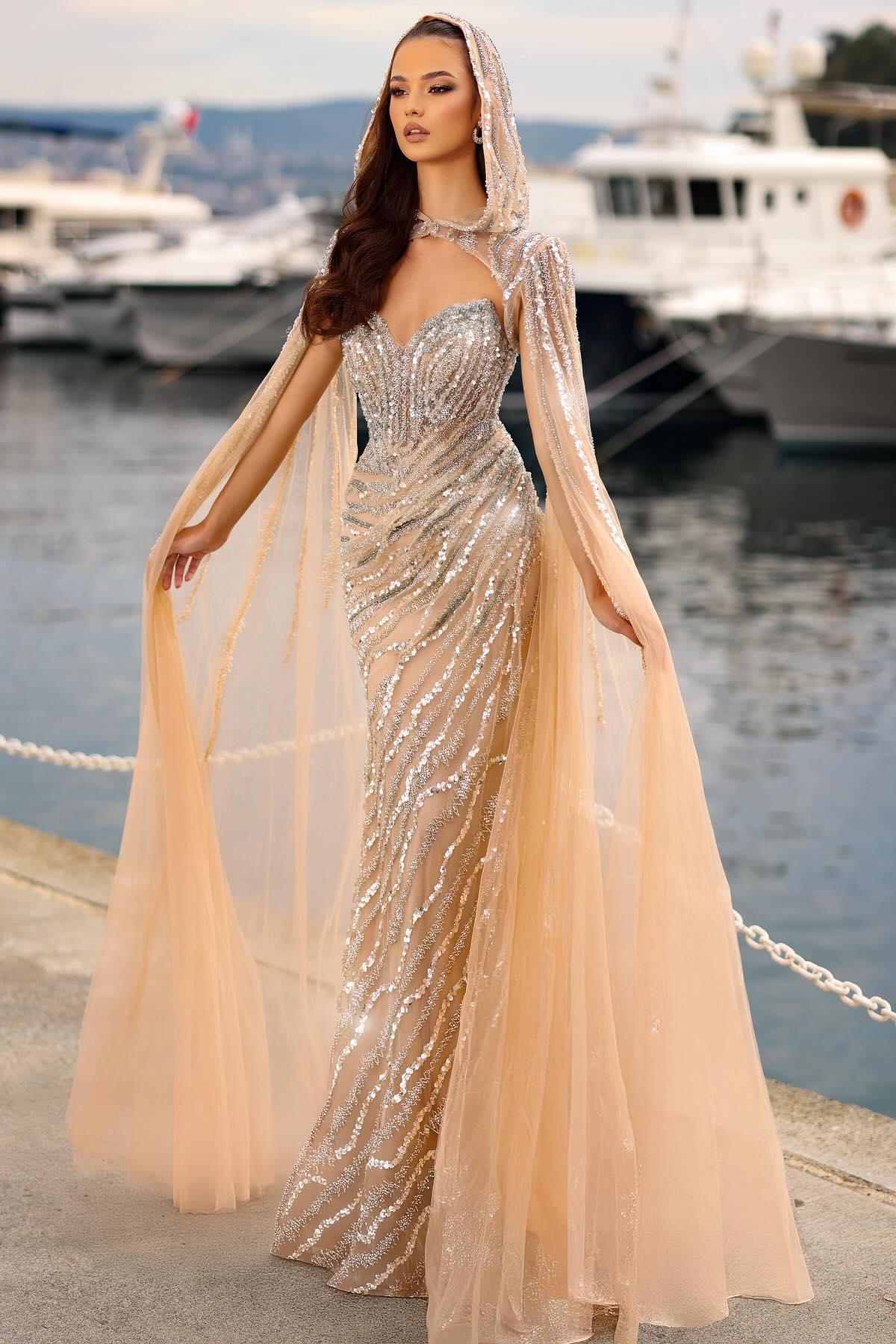 Dreamyannie Champagne Prom Dress Column Strapless Sweetheart Sleeveless Sequined Tulle Formal Dress