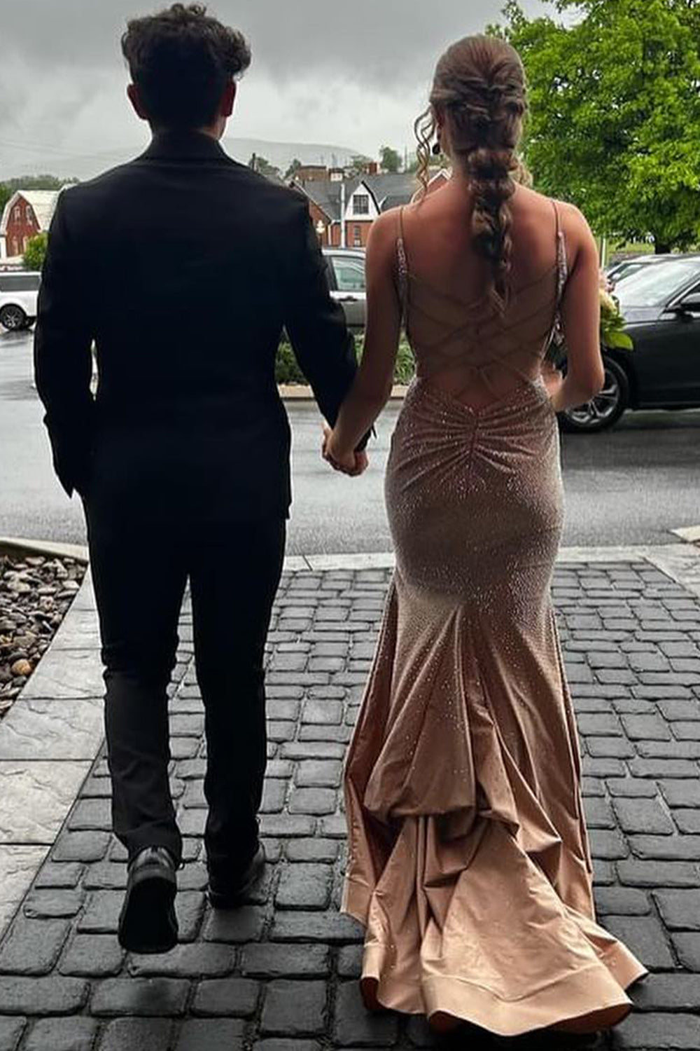 Dreamyannie Champagne Prom Dress Mermaid Beaded Long Formal Dress