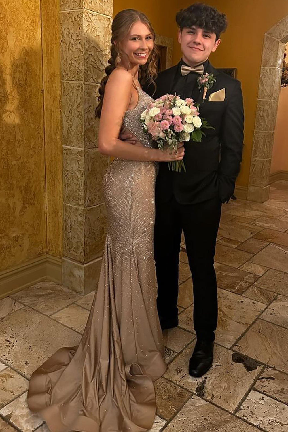 Dreamyannie Champagne Prom Dress Mermaid Beaded Long Formal Dress